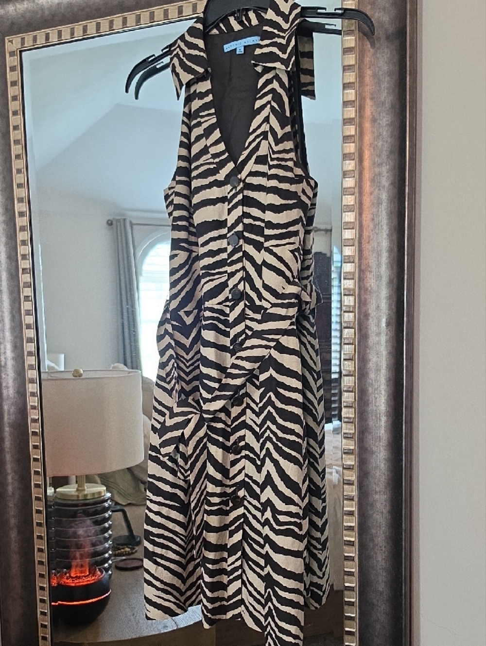 Zebra-Print Black and Beige Midi Shirt Dress with Waist Tie